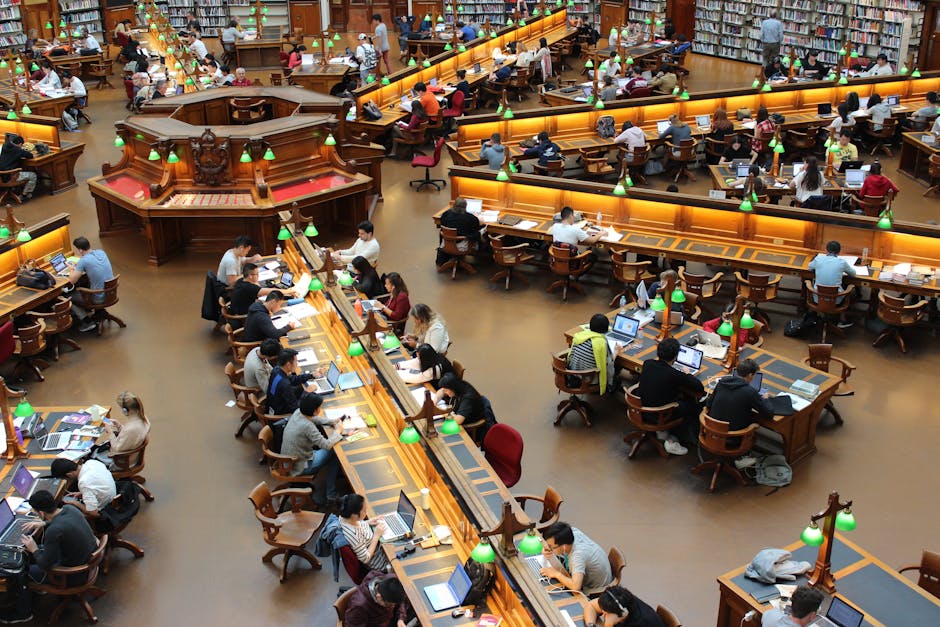 University library scene with students studying